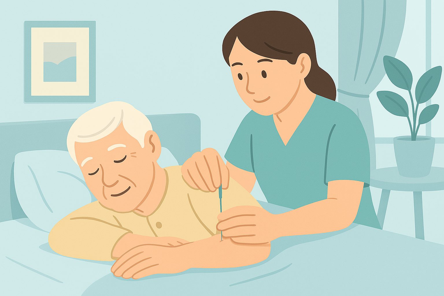 女性の患者さんがベッドに横向きに寝た状態で、前腕に鍼を受けている様子。