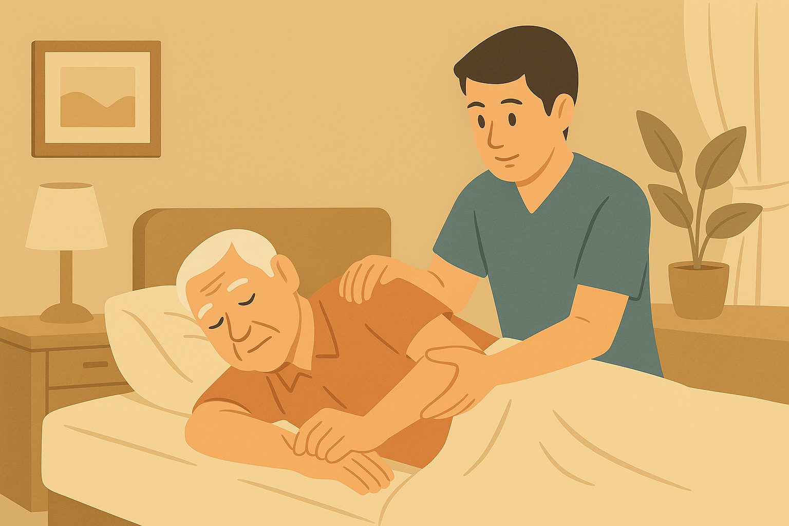 高齢の男性患者さんがリラックスした状態で横になり、施術者が肘関節をやさしくストレッチしています。