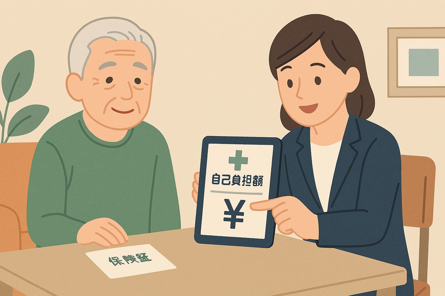高齢の方が落ち着いた室内で費用の説明を受けている様子。スタッフがタブレットを使いながら、自己負担額についてわかりやすく説明している。