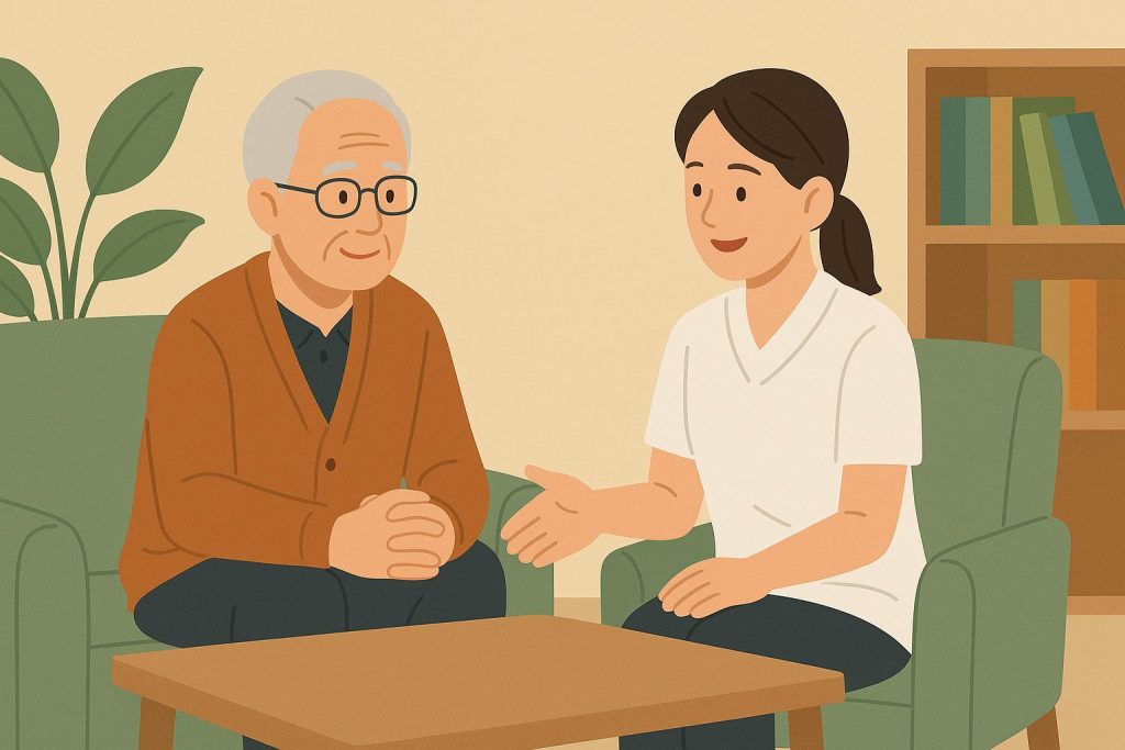 室内のソファとテーブルを囲んで、高齢の女性と施術スタッフが穏やかに会話しているフラットイラスト。背景には観葉植物や本棚があり、落ち着いたベージュとグリーンの色調で生活感と安心感が表現されている。