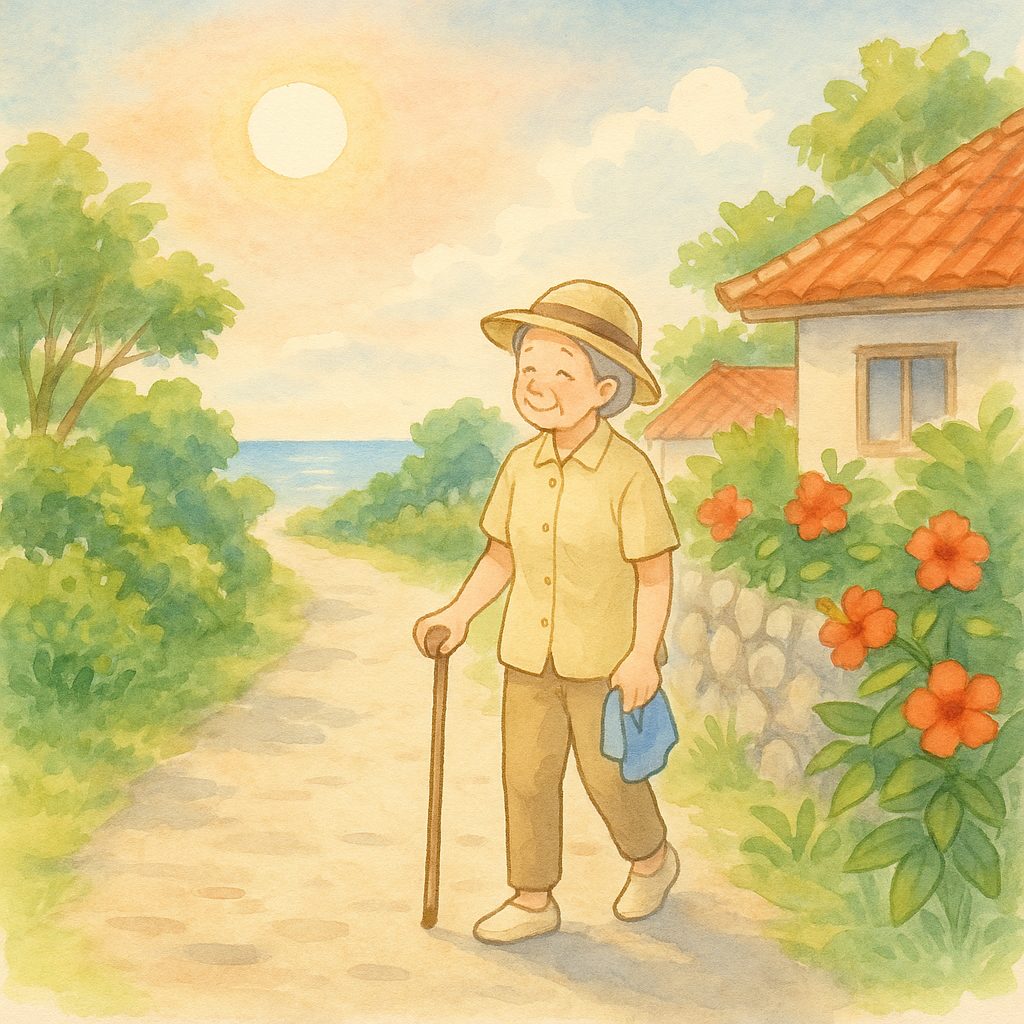 朝の沖縄を散歩する高齢女性。赤瓦の家と緑に囲まれた小道を、杖をつきながら穏やかな表情で歩いている。