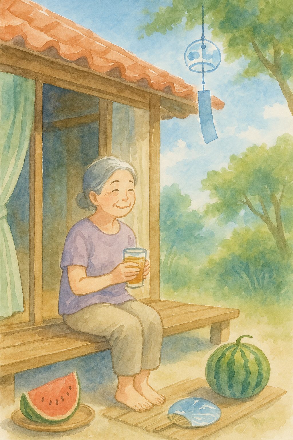 沖縄の縁側で麦茶を飲みながら涼む高齢女性。風鈴が揺れ、足元にはスイカとうちわが置かれている夏の風景。
