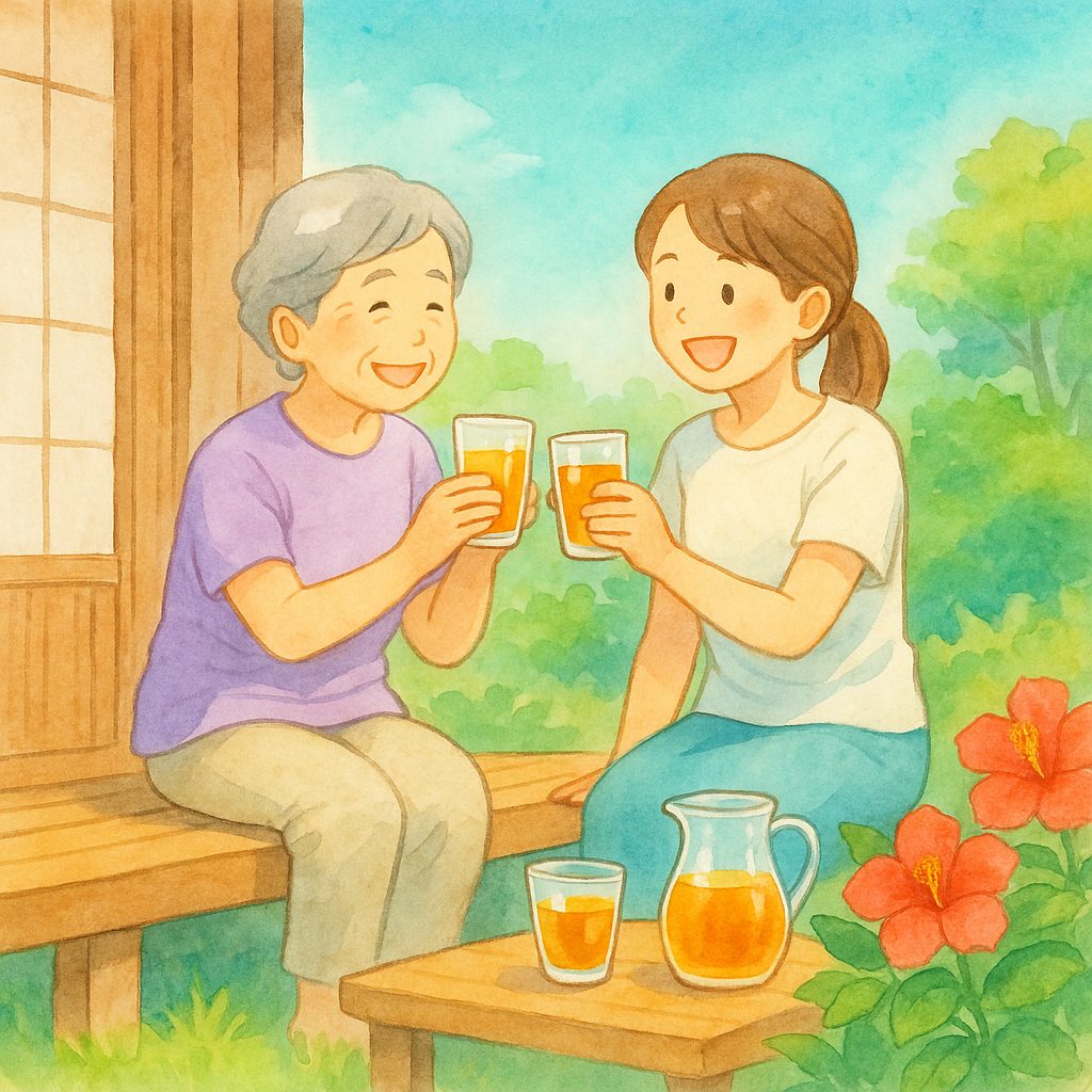 縁側で麦茶をかんぱいする親子と庭のハイビスカス。夏の沖縄らしい爽やかな水彩イラスト。