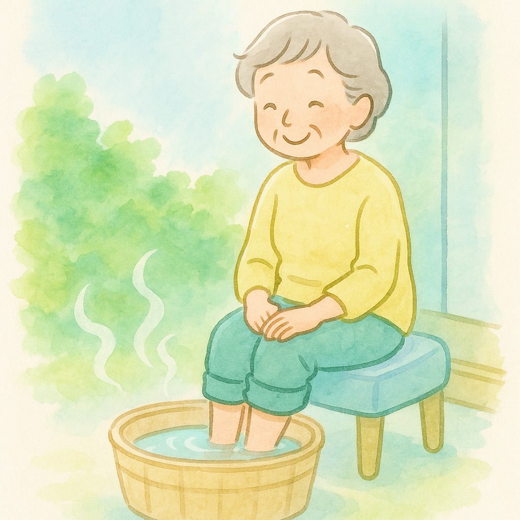 足湯でリラックスする高齢者