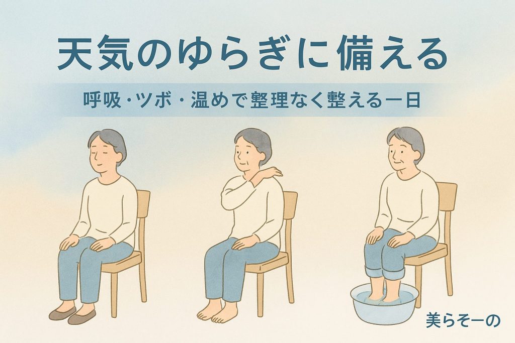呼吸・肩回し・足湯を示す3カットのイラスト、右下に「美らそーの」