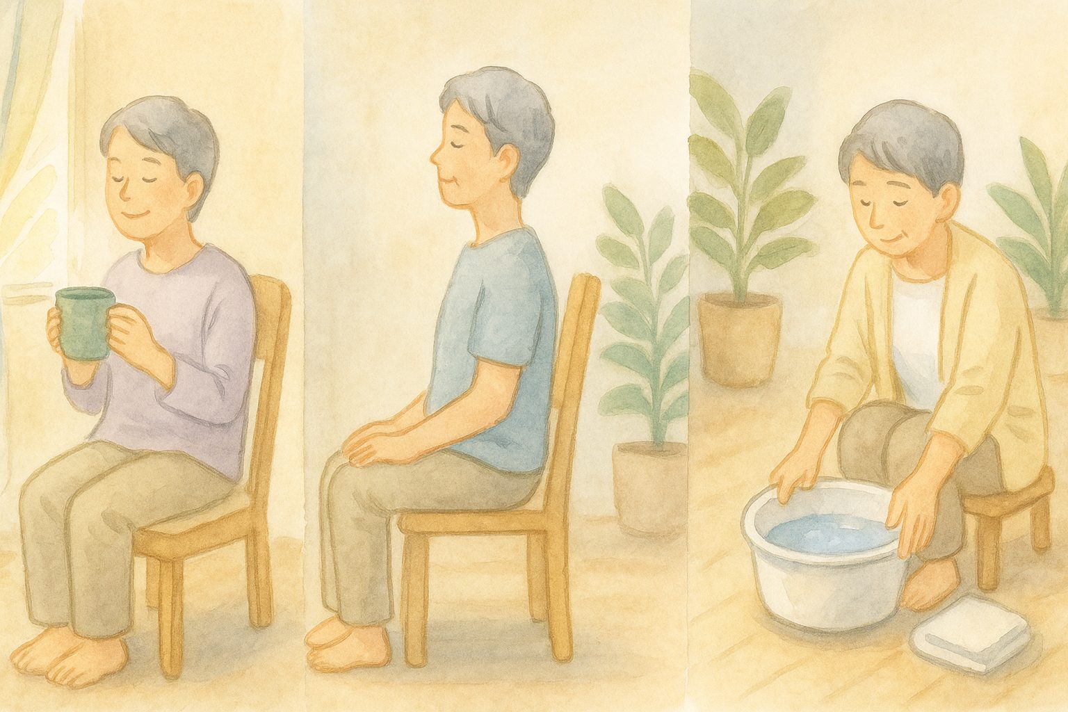 室内での朝・日中・夜の小さな整え方を示す三場面のイラスト