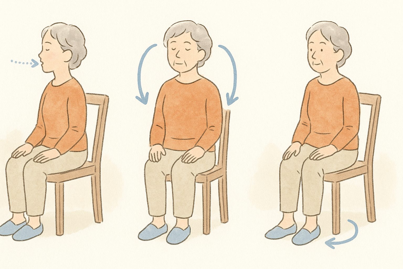 いす座位で行う呼吸・肩回し・足首回しの三つの動作を並べた水彩イラスト