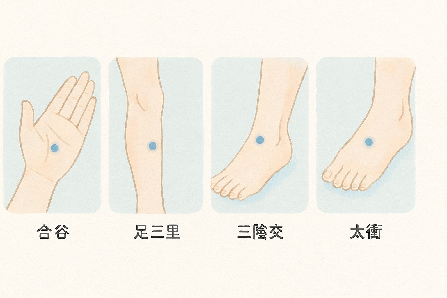 合谷・足三里・三陰交・太衝の位置を示す4コマ図