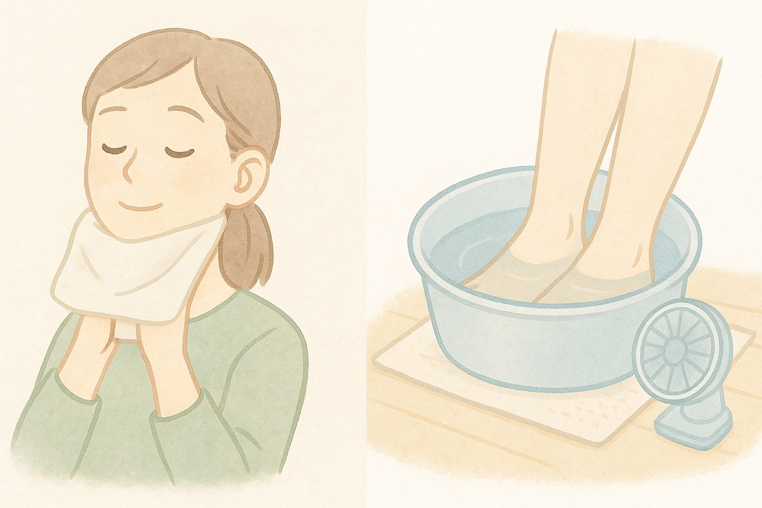 首元の蒸しタオルと、滑り止めマット上での足湯のイラスト